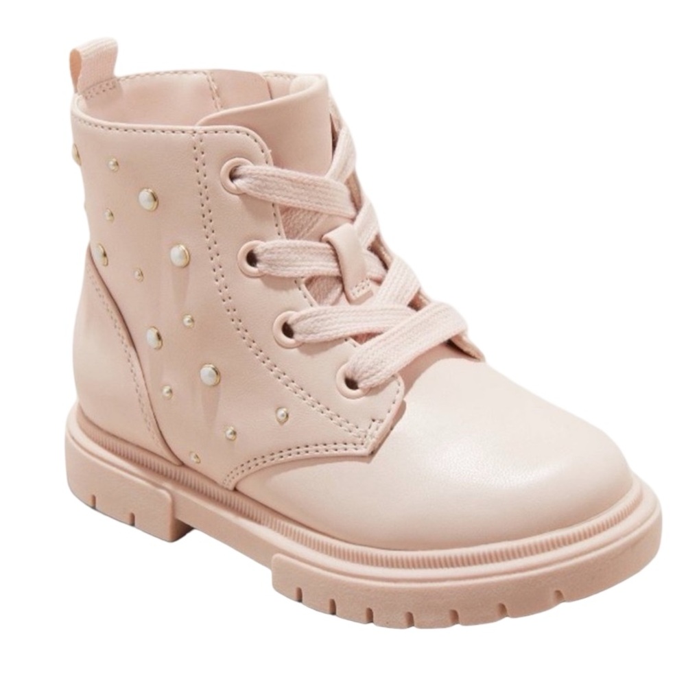 Cat & Jack Girls Pink Combat Boots Pearl Studs Side Zip Size 6 NWT